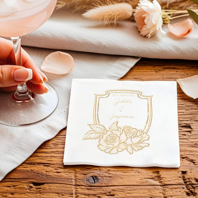 Servilletas Con Brillo Elegante Escudo floral Parejas Nombre y Boda Fecha (Elegant Floral Crest Couples Name & Wedding Date Foil Napkins)