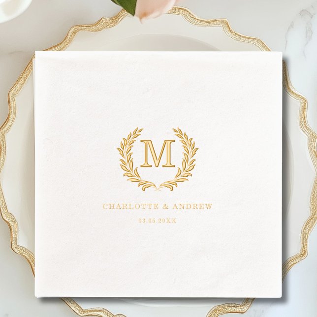 Servilletas Con Brillo Elegante Escudo Monograma Boda blanco (Elegant Crest Monogram White Wedding Foil Napkins)