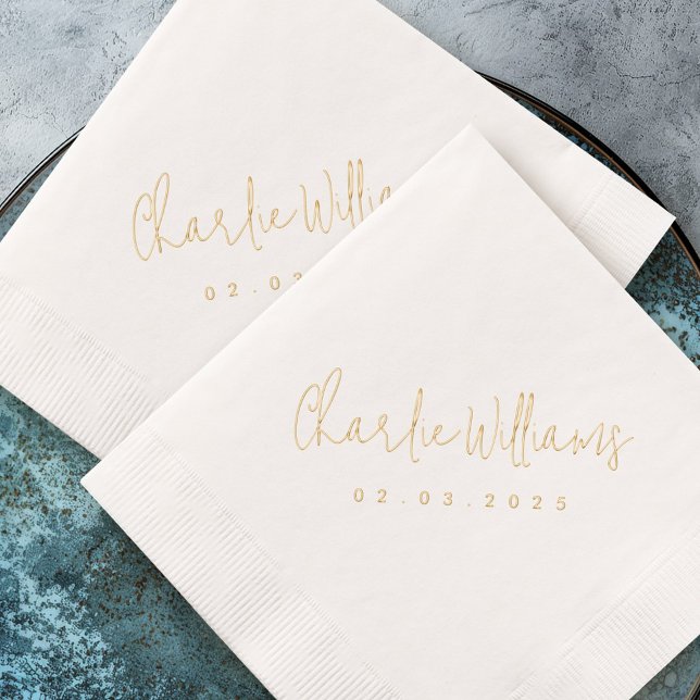 Servilletas Con Brillo Elegante estilo manuscrito fecha real (Elegant handwritten style name date real foil napkins)