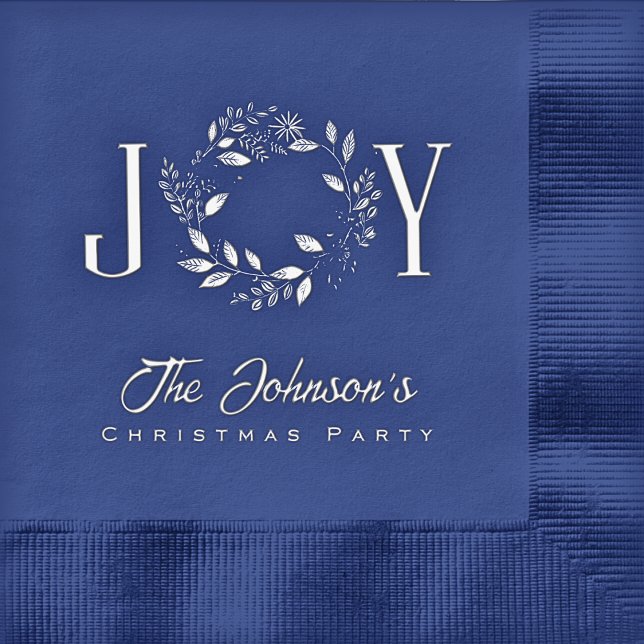 Servilletas Con Brillo Elegante Fiesta de Navidades personalizados de Joy (Elegant Wreath Blue and Silver Foil Personalized Family Name Christmas Party Napkins)