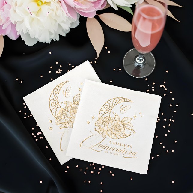 Servilletas Con Brillo Elegante Floral Crescent Moon Monograma Quinceaner (Elegant Floral Crescent Moon Monogram Quinceanera Foil Napkins)