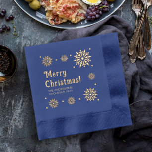 Servilletas Con Brillo Elegante Glam Retro Azul Feliz Navidad Copo de Nie
