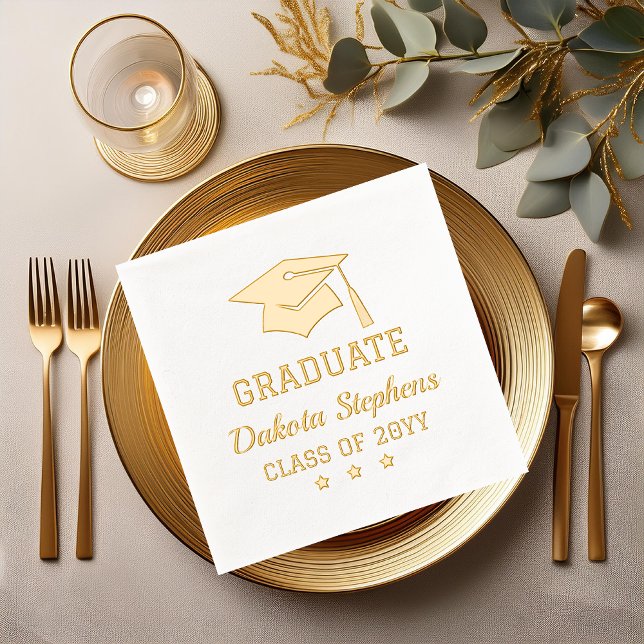 Servilletas Con Brillo Elegante Grad Cap y Stars Graduate Class Año ("GRADUATE" Grad Cap and Tassel Name and Class Year Graduation Gold Stamped Foil Napkins)