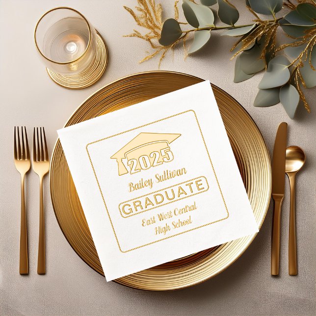 Servilletas Con Brillo Elegante Graduado Cap 2025 (Elegant "GRADUATE" Grad Cap "2025" Name and School Graduation Paper Stamped Gold Foil Napkins)
