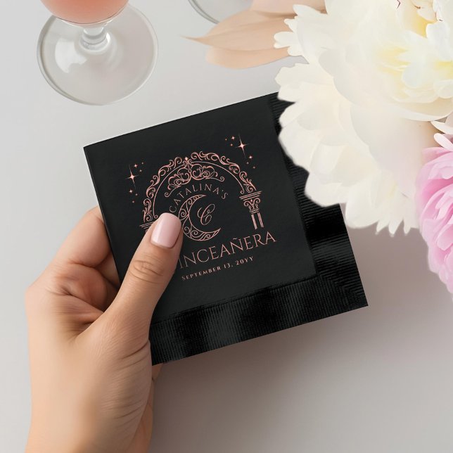 Servilletas Con Brillo Elegante Luna Celeste Tiara Quinceanera Monograma (Elegant Celestial Moon Tiara Quinceanera Monogram Foil Napkins)