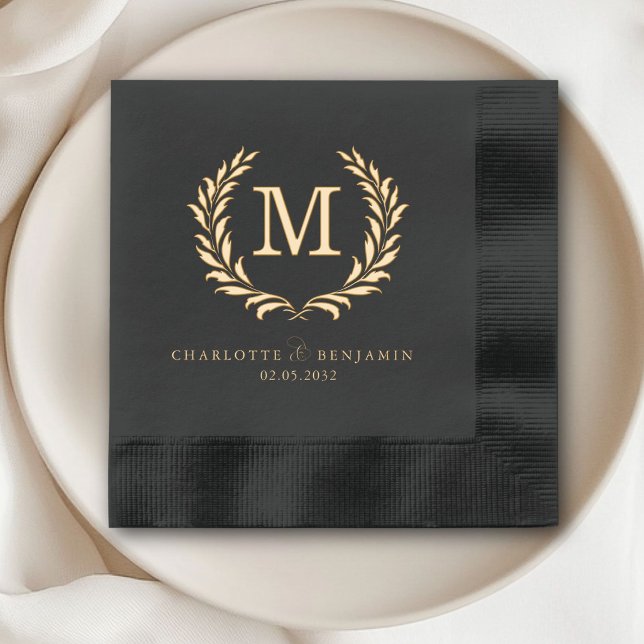 Servilletas Con Brillo Elegante Monograma Crest Bodas Negro (Elegant Crest Monogram Black Wedding Foil Napkins)