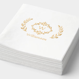 Servilletas Con Brillo Elegante Monograma Nombre Fancy Wreath Oro Blanco