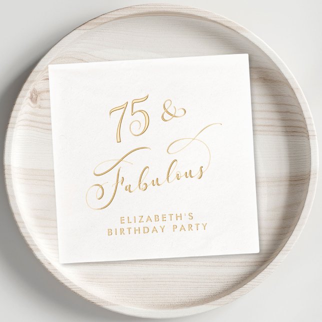 Servilletas Con Brillo Elegante oro de la Fiesta de Cumpleaños 75 (Elevate her 75th birthday party decor with these elegant "75 & Fabulous" foil napkins)