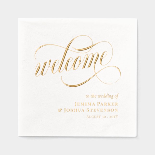 Servilletas Con Brillo Elegante Script Con Swirls Boda Welcome Gold (Anverso)