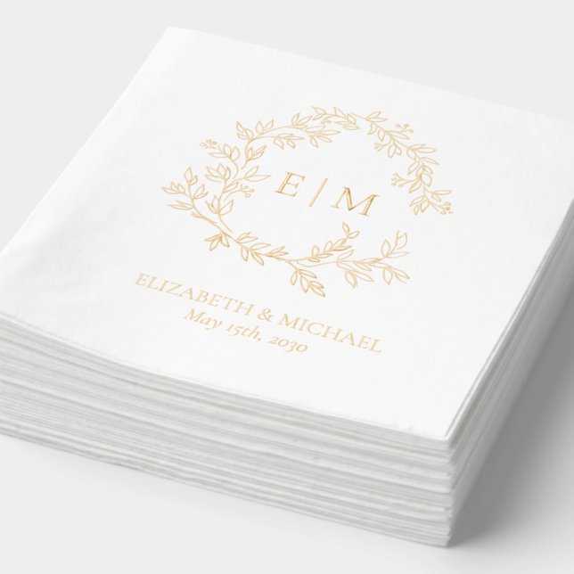 Servilletas Con Brillo Escudo Leafy Moderno Boda Monogramado simple oro (Detalle)