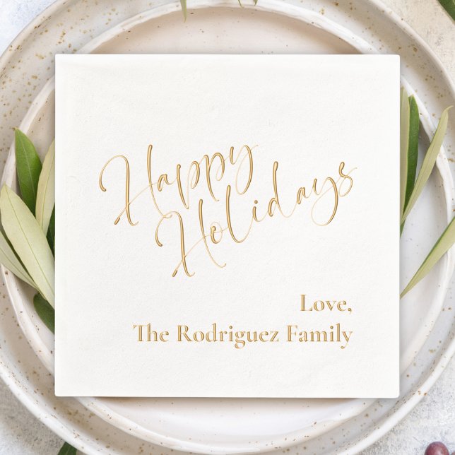 Servilletas Con Brillo "Felices fiestas" mensaje de Personalizado fiesta  (Happy Holidays custom personalized gold foil holiday party napkins calligraphy script cute modern )