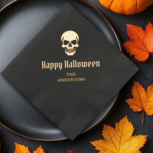 Servilletas Con Brillo Feliz Halloween espeluznante nombre o texto person (Happy Halloween spooky skull custom name or text Foil Napkins)