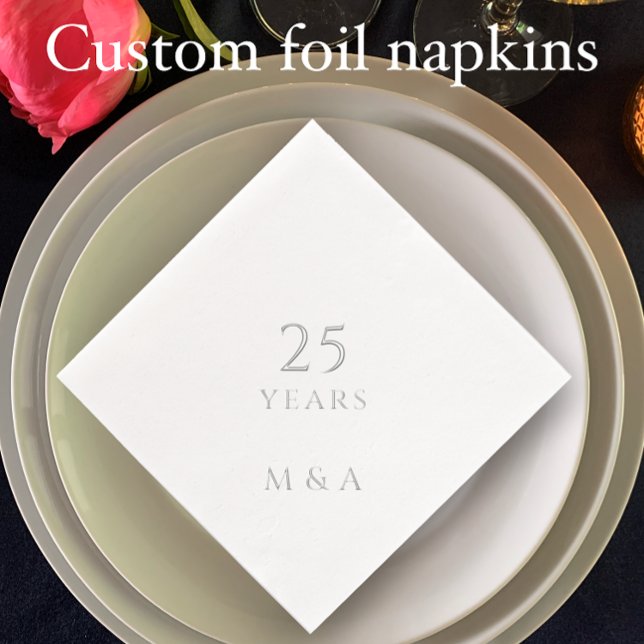 Servilletas Con Brillo Fiesta de 25 años de Iniciales Parejas (Add couple’s initials for elegant silver foil minimalistic napkins. Custom 25th anniversary party.
)