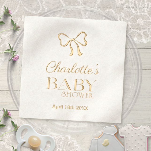 Servilletas Con Brillo Fiesta de Baby Shower con Lazo Elegante Blanco (Elegant Minimalist Bow Baby Shower Foil Napkins ©Susanne Sachers - Sunny Mind 🌞)
