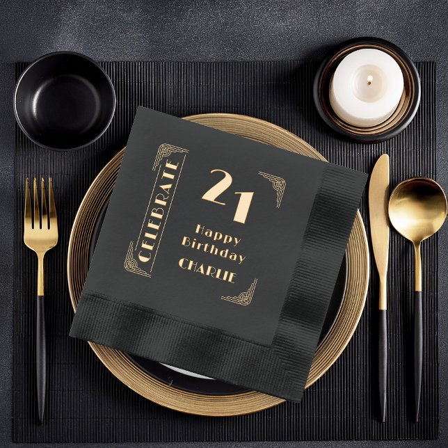 Servilletas Con Brillo Fiesta de cumpleaños número 21 de lujo con elegant (Elegant Art Deco "Celebrate" "21" 21st Happy Birthday Gold Foil Napkins)