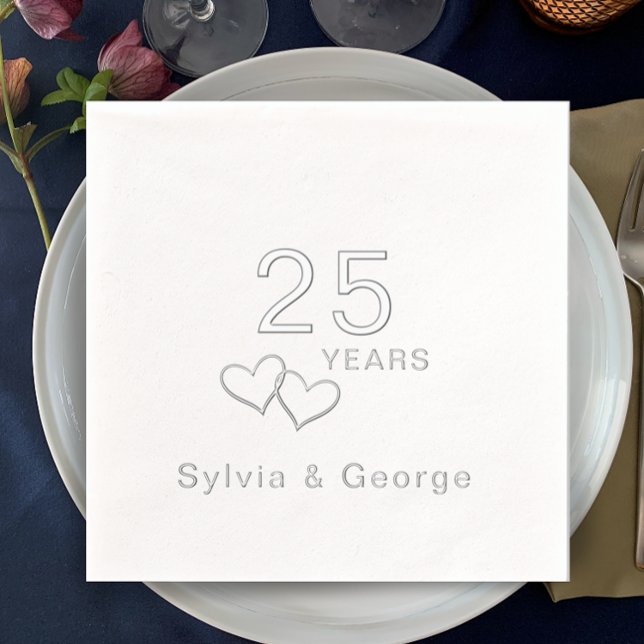 Servilletas Con Brillo Fiesta del 25 Aniversario de la Elegante Moderna P (Add couple’s names for elegant real foil personalized 25th anniversary party napkins. Simple stylish)