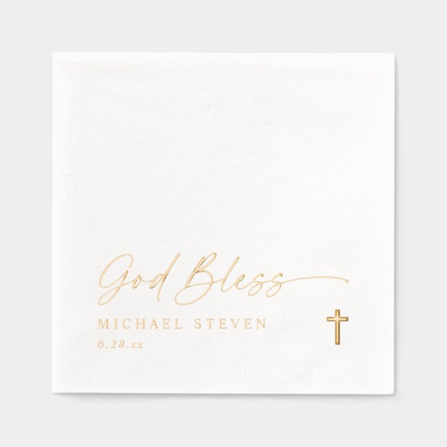Servilletas Con Brillo God Bless Baptism Napkins Modern Cross Gold (Anverso)