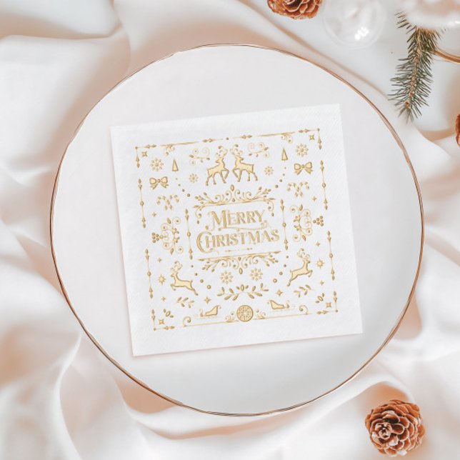 Servilletas Con Brillo Gold Typography Merry Christmas Holiday (Gold Typography Merry Christmas Holiday Foil Napkins)