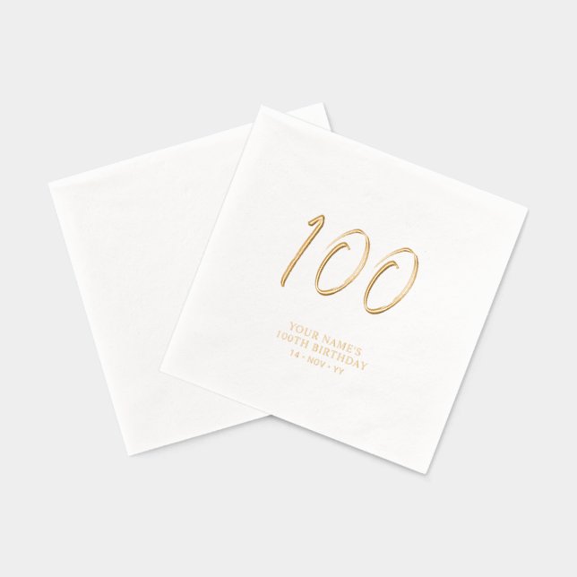 Servilletas Con Brillo Guión de pincel moderno 100 cumpleaños (Reverso )