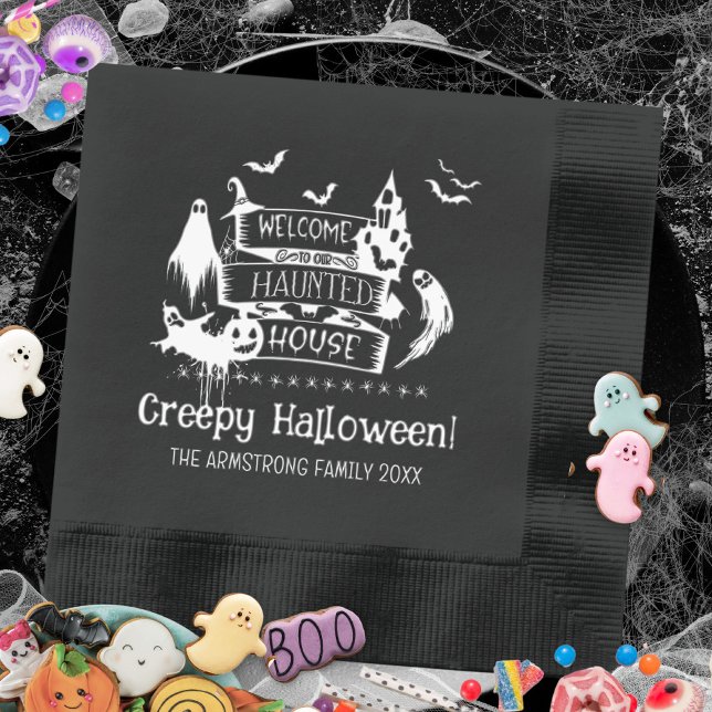 Servilletas Con Brillo Halloween de Bienvenida a la Casa de Hauned (Haunted House Welcome Halloween Foil Napkins ©Susanne Sachers - Sunny Mind 🌞)