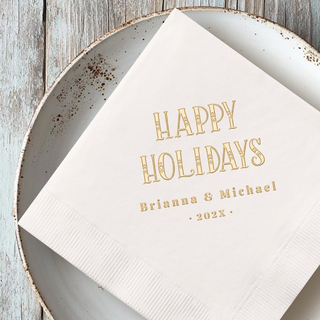 Servilletas Con Brillo Happy Holidays festious font nombre personalizado  (Happy Holidays festive font custom name or text Foil Napkins)