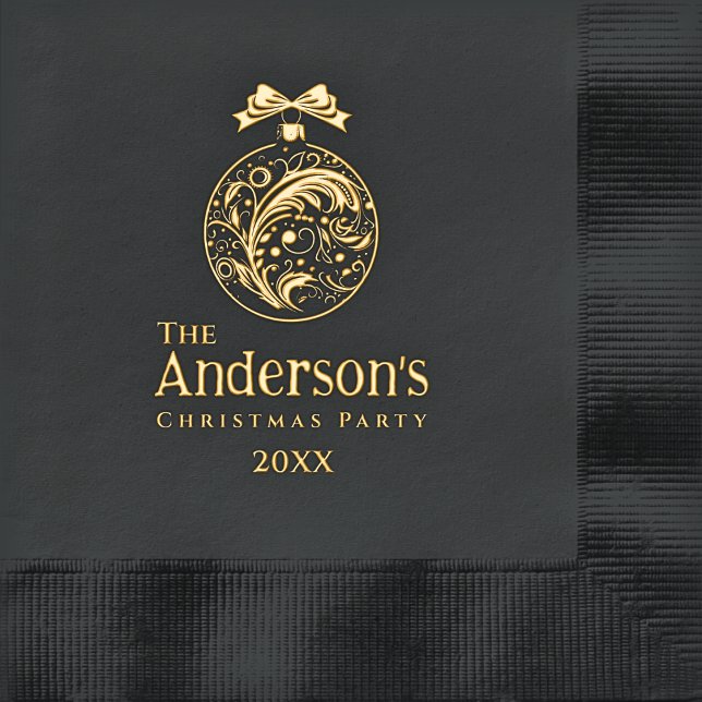 Servilletas Con Brillo Lujo Simple Monograma Navidad Hoja de Oro Negro (Elegant Black and Gold Foil Personalized Family Christmas Party Napkins - Filigree Ornament Design)