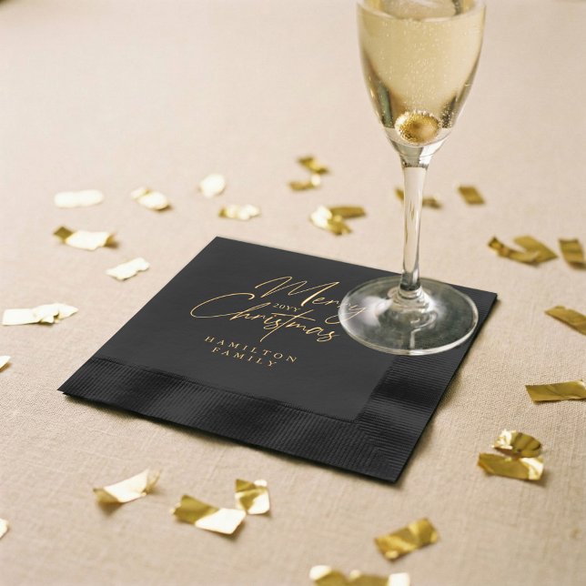 Servilletas Con Brillo Lujoso Elegante Personalizado Feliz Navidad Script (Elegant Luxury Personalized Merry Christmas Script Foil Napkins)