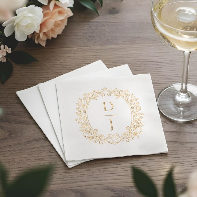 Servilletas Con Brillo Luxury Hand Drawn Floral Vine Crest Monogram (Luxury Hand Drawn Floral Vine Crest Monogram Foil Napkins)