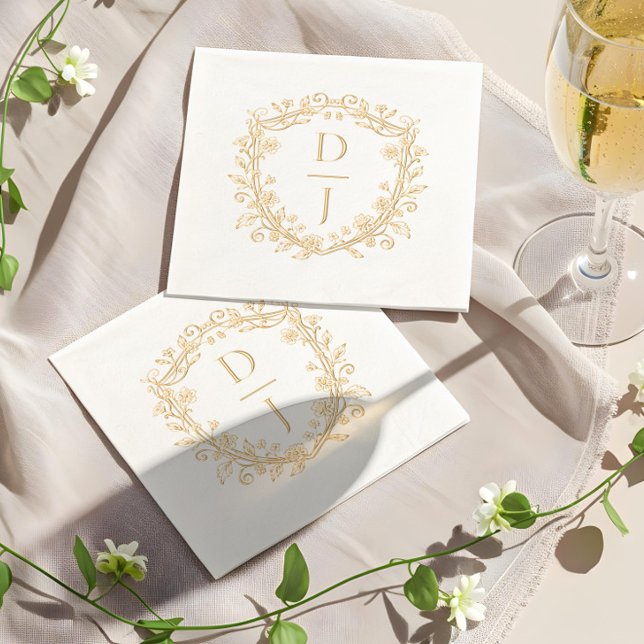 Servilletas Con Brillo Luxury Hand Drawn Floral Vine Crest Monogram  (Luxury Hand Drawn Floral Vine Crest Monogram Foil Napkins)