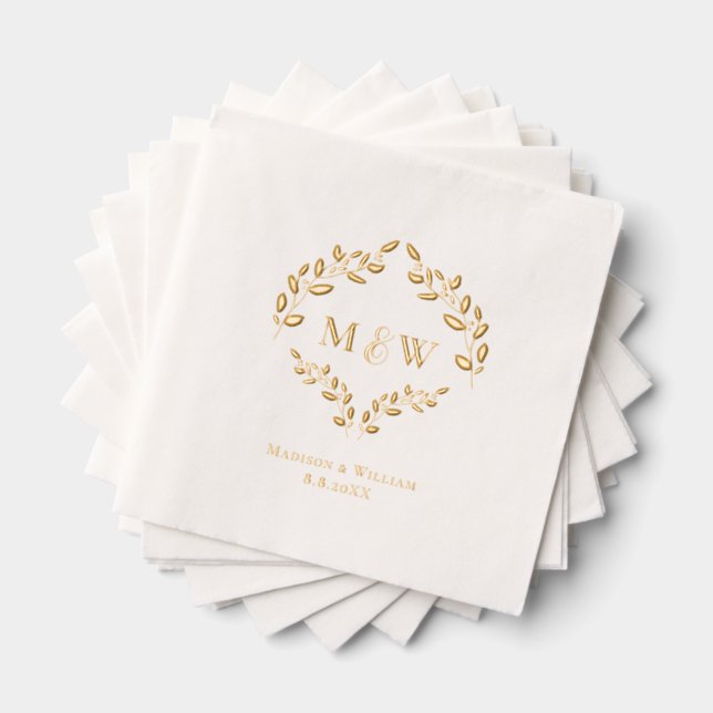 Servilletas Con Brillo Luxury Wedding Real Gold foil leaf Monogram Crest (Insitu (apilados))