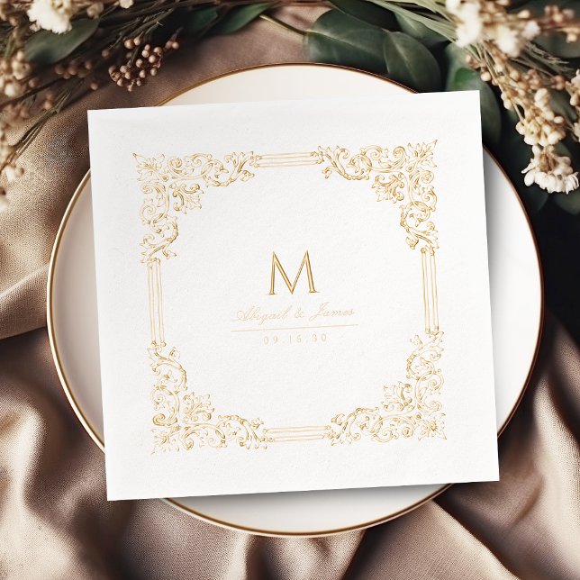 Servilletas Con Brillo Marco Antiguo Elegante Monograma de Boda (Vintage Frame Elegant Wedding Monogram Foil Napkins)