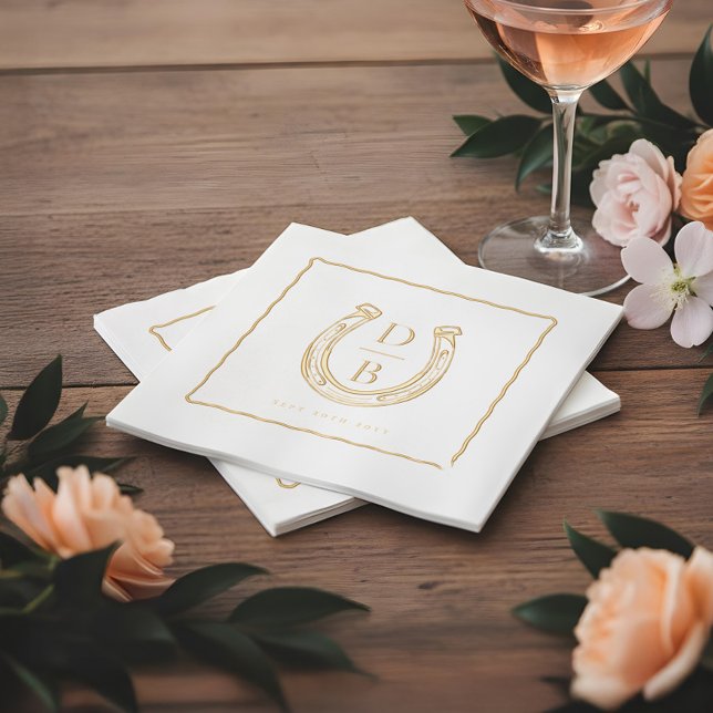 Servilletas Con Brillo Marco Rústico de Herradura Occidental con Monogram (Rustic Frame Western Horseshoe Monogram Wedding Foil Napkins)