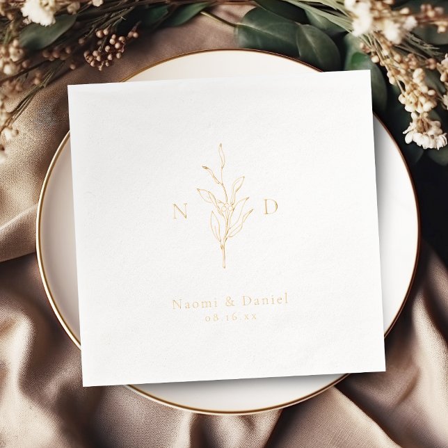 Servilletas Con Brillo Monograma de boda botánico simple en oro (Gold simple botanical wedding monogram foil napkins)