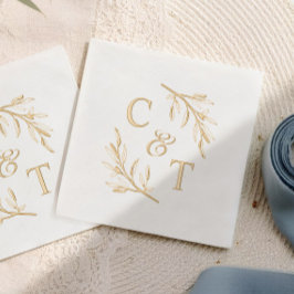 Servilletas Con Brillo Monograma de boda elegante con hojas verdes
