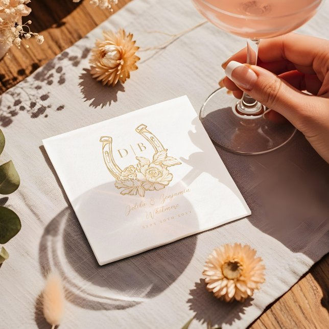 Servilletas Con Brillo Monograma de la boda herradura hispana-hispana occ (Western Floral Horseshoe Custom Wedding Monogram Foil Napkins)