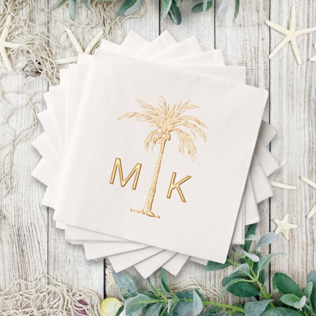 Servilletas Con Brillo Monograma del árbol de palmas tropical personaliza (Personalized Tropical Palm Tree Monogram Foil Napkins)