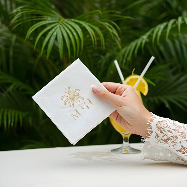 Servilletas Con Brillo Monograma mínimo del árbol de palmas tropical Boda (Minimal Tropical Palm Tree Monogram Wedding Foil Napkins)