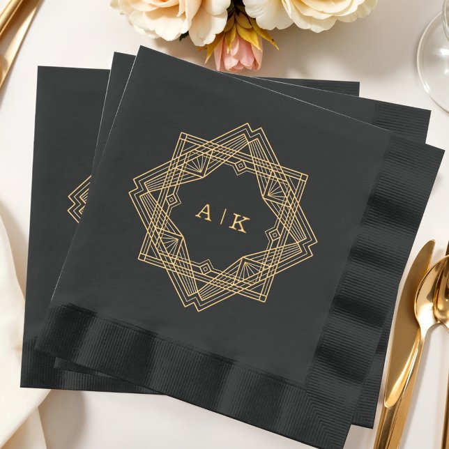 Servilletas Con Brillo Monogramado de oro negro Art Deco (Subido por el creador)
