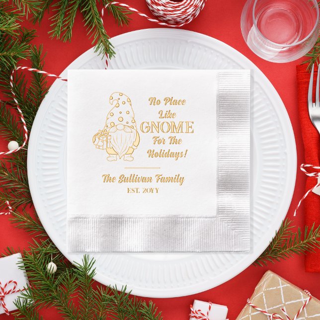 Servilletas Con Brillo No hay lugar como Gnome Navidad Nombre de familia  ("No Place Like Gnome [Home] For the Holidays!" Cute Gnome, Family Name | Year Stamped Foil Napkins)