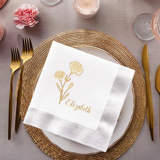 Servilletas Con Brillo Nombre floral de Carnations (Carnations Floral Outline and Name Stamped Foil Napkins)
