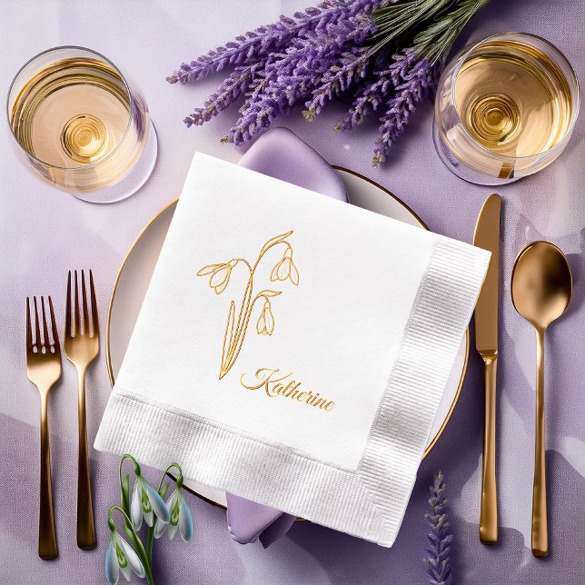 Servilletas Con Brillo Nombre floral de invierno Snowdrops  (Elegant Snowdrops Winter Floral and Name Stamped Foil Napkins)