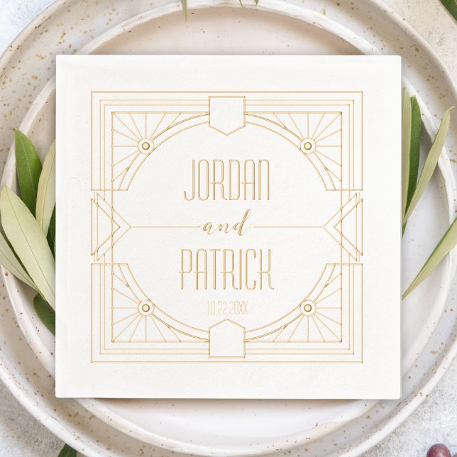 Servilletas Con Brillo Nombre personalizado de pareja geométrica Art Deco (art deco 1920s modern personalized custom wedding cocktail napkins couple's name & wedding date )