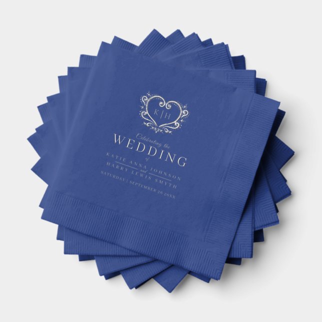 Servilletas Con Brillo Personalizado boda monogramado en azul y plata (Insitu (apilados))