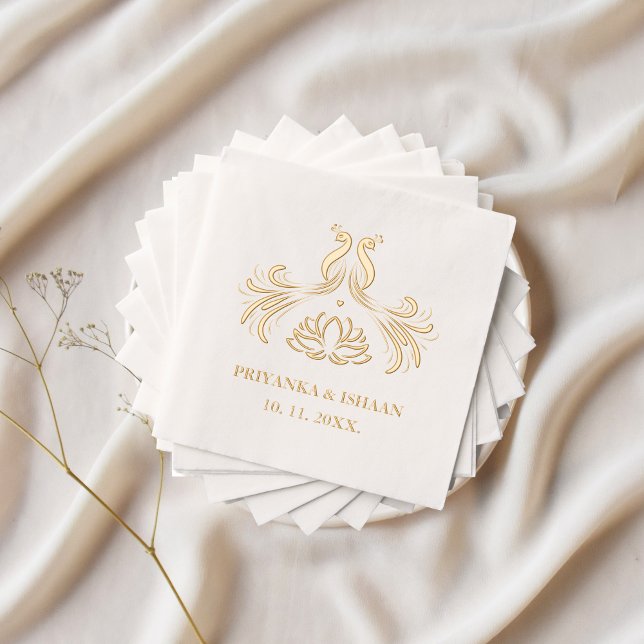 Servilletas Con Brillo Real de Loto Elegante para el Peacock Indio (Real Gold Foil Peacocks Wedding Napkins Hindu Punjabi Indian)
