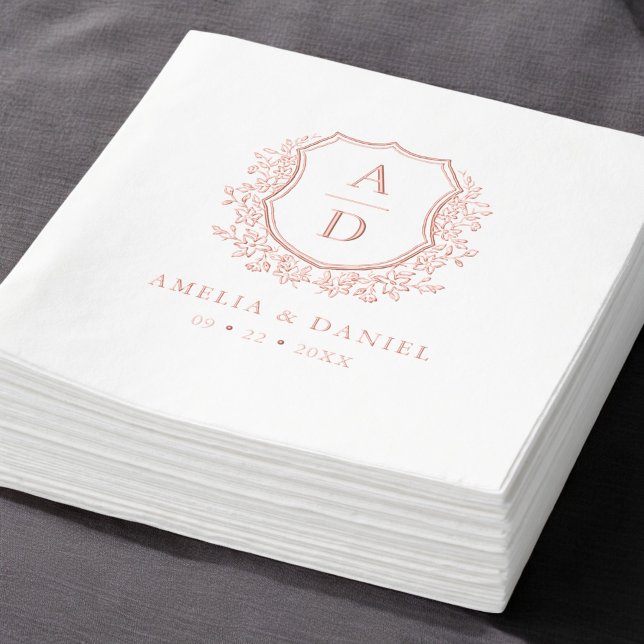 Servilletas Con Brillo Rosa floral Boda Escudo dorado Monograma (Subido por el creador)