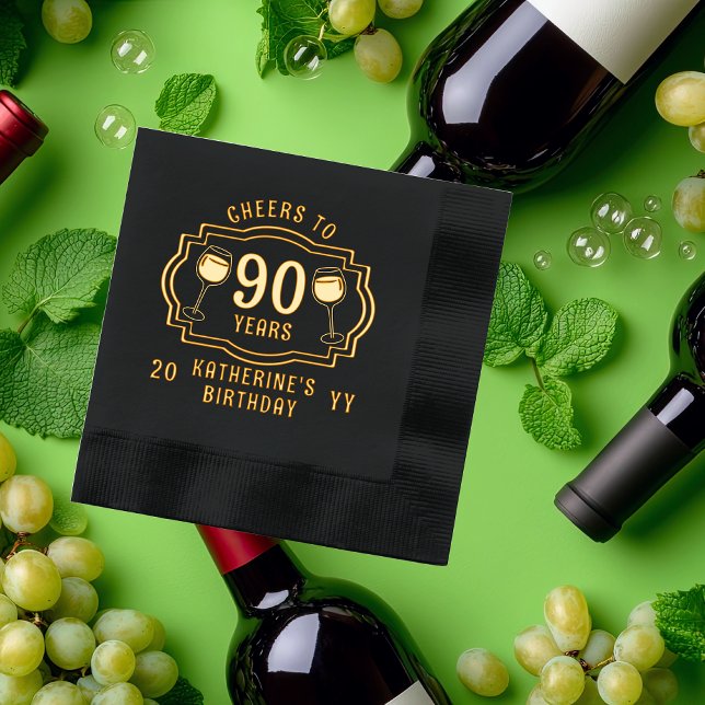 Servilletas Con Brillo Saludos a 90 años de gafas de vino nombre de cumpl ("Cheers to 90 Years" wine Glasses 90th Birthday with Name and Year Stamped Foil Napkins)
