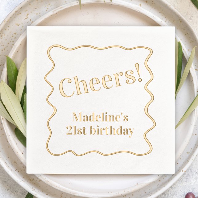 Servilletas Con Brillo "Saludos" mensaje de personalizable fiesta fronter ("Cheers" custom personalized party napkin gold foil wavy hand drawn border modern fun party supplies)