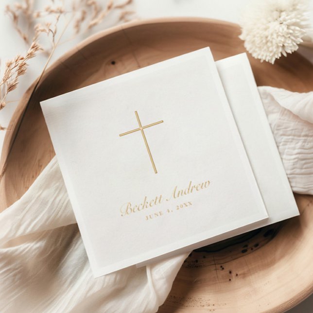 Servilletas Con Brillo Simple Cruz de Oro Script  (Elegant Gold Foil Cross Simple Baptism Napkins.)