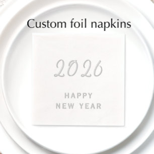 Servilletas Con Brillo Texto personalizado Feliz Año Nuevo 2026 Plata mod