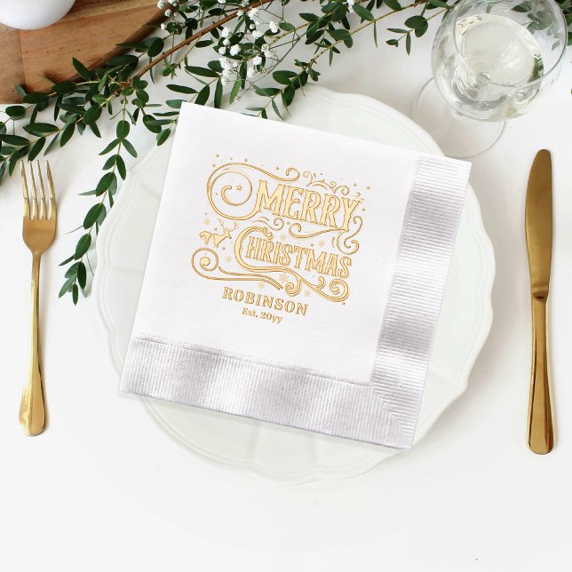 Servilletas Con Brillo Tipografía Feliz Navidad Familia Fecha (Typography "Merry Christmas" Family Name and Date Established Stamped Foil Napkins)